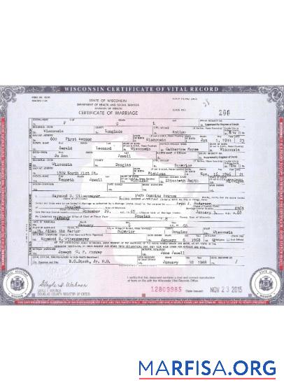 Printable USA Wisconsin certificate of marriage download for verification
